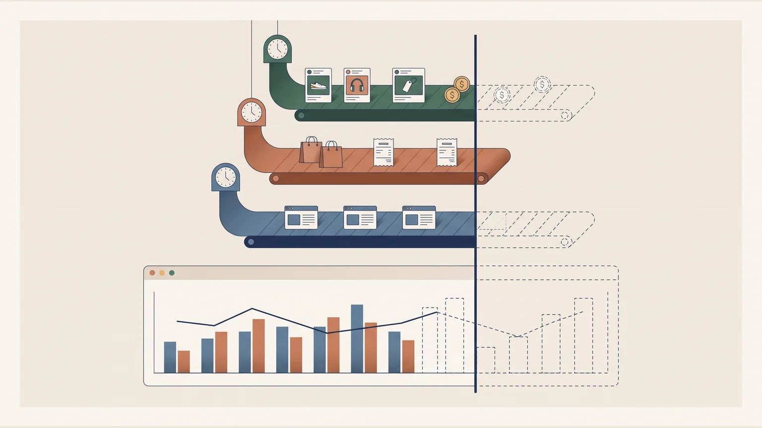 Tres bandas de datos (anuncios y gasto, ventas, sesiones web) llegan con relojes distintos; una línea vertical corta todas, y la gráfica, donde termina la más corta.