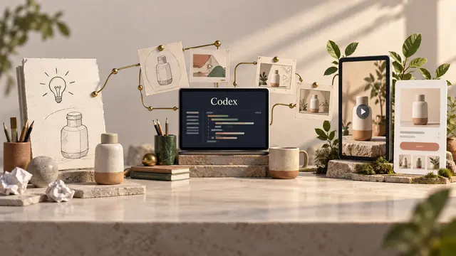 Ilustración conceptual: una idea de producto pasa por un espacio de trabajo con Codex y se convierte en un video y una página de compra, rodeados de brotes.