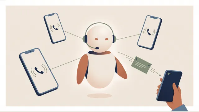 Un asistente de IA con audífonos atiende varias llamadas entrantes y envía un mensaje con el resumen al teléfono de su dueño.