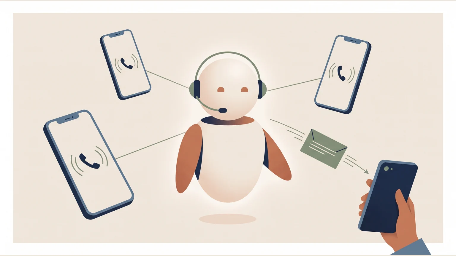 Un asistente de IA con audífonos atiende varias llamadas entrantes y envía un mensaje con el resumen al teléfono de su dueño.